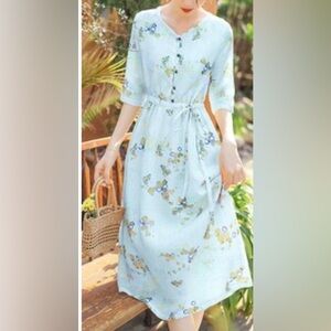 Floral Linen Cotton Half Sleeve MIDI Dress XL